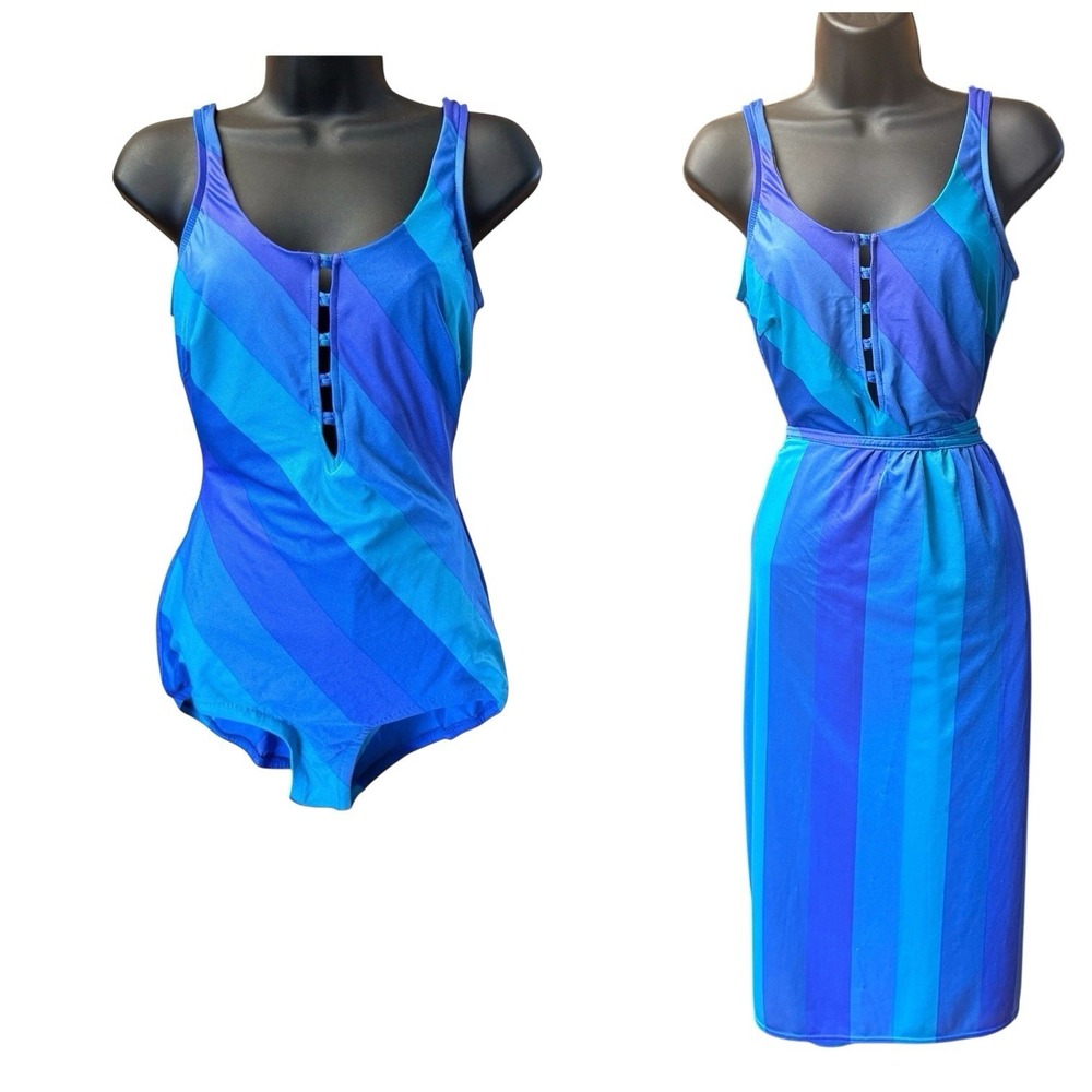 Vtg Jantzen‎ Swimsuit 16 One Piece Bullet Bra Sarong Skirt Wrap Resort Festival
